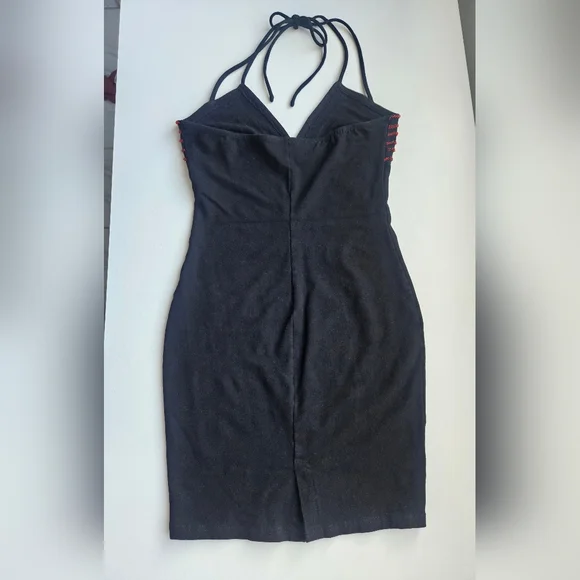 Hunza G Vintage Black With Crimson Beading Double Halter Strap Mini Dress - Picture 6 of 15